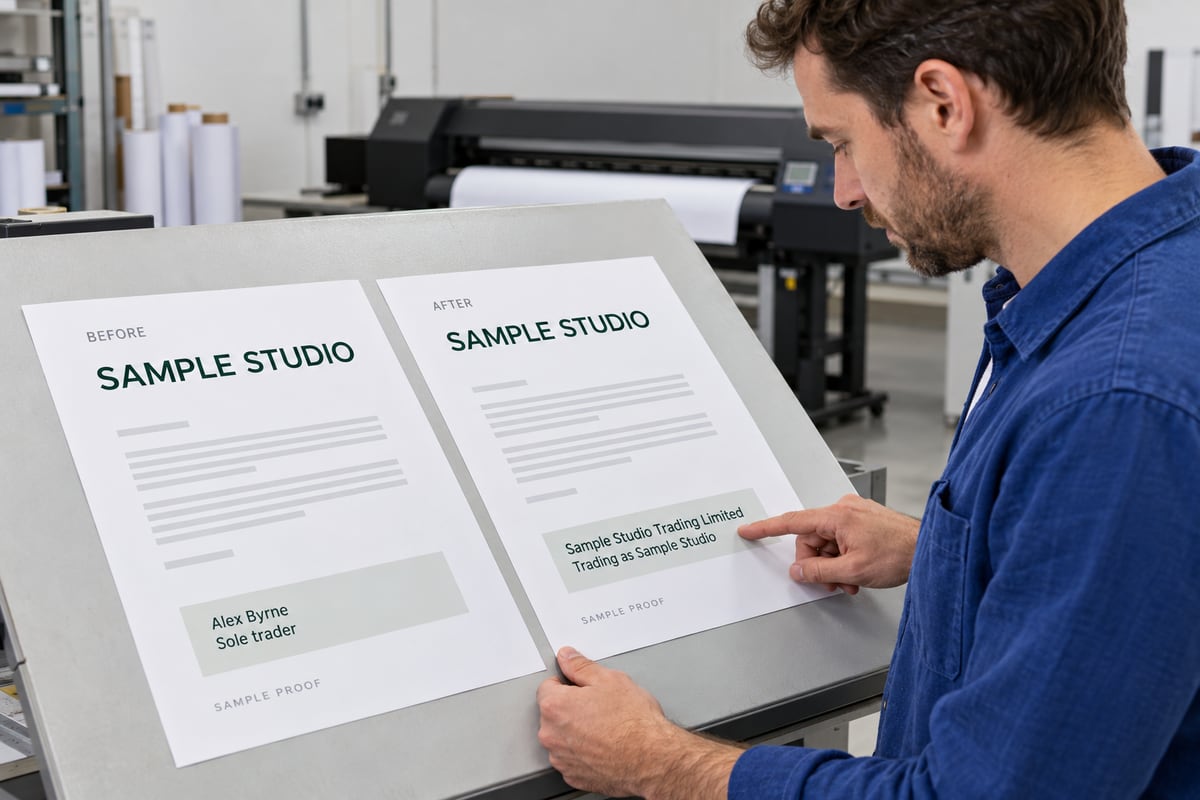 Founder comparing sample letterheads with the same trading name and different sole-trader and company proprietor details
