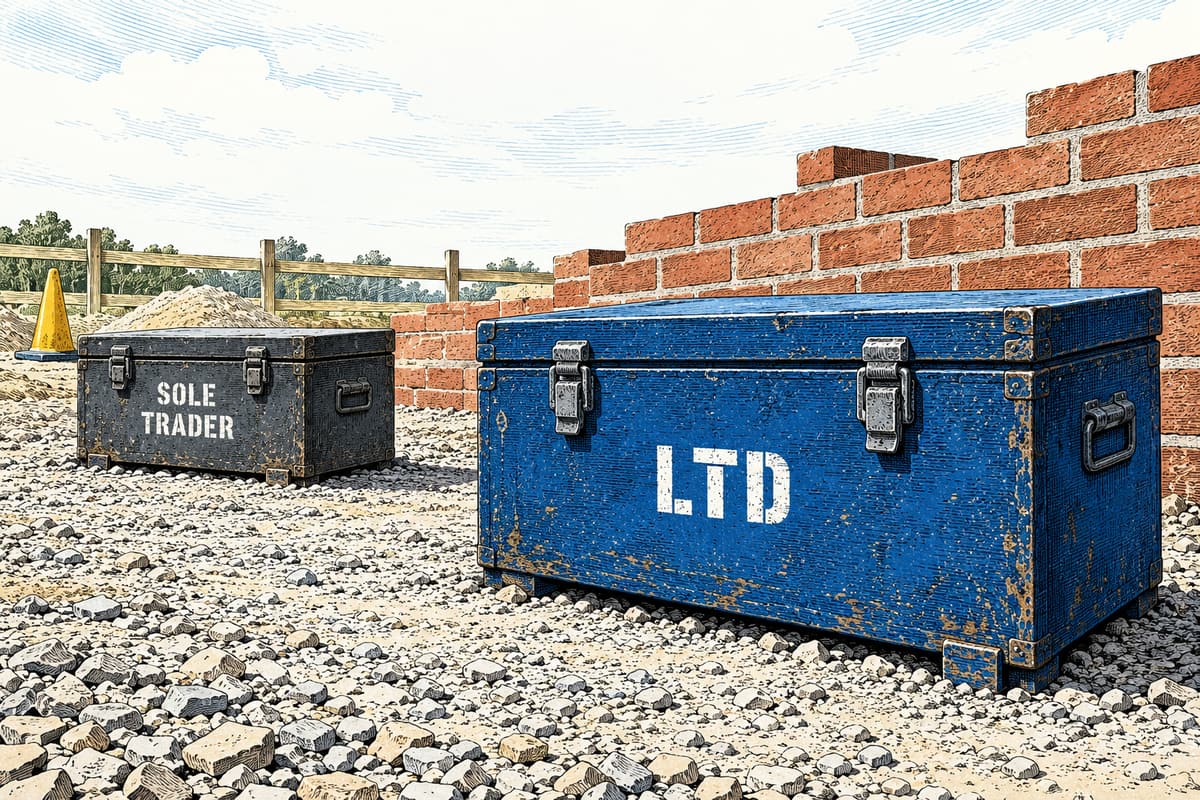 Hand-coloured engraving of separate charcoal and blue site tool chests labelled Sole Trader and LTD on gravel beside an unfinished brick wall