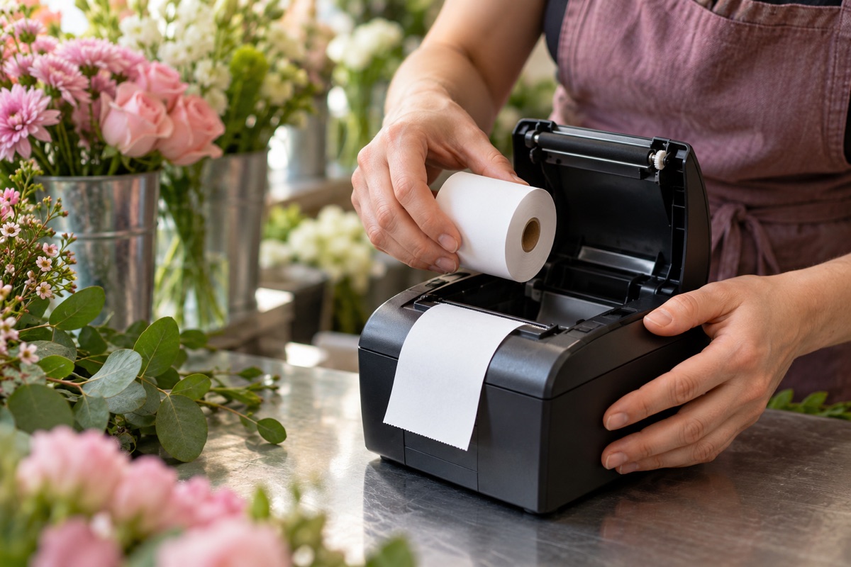 Close-up of a fictional florist's hands fitting a fresh paper roll into an unbranded receipt printer beside pink flowers