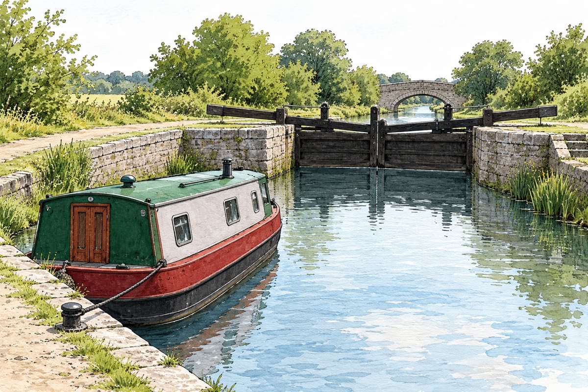 Ink-and-watercolour illustration of a small red narrowboat moored beside a towpath before closed timber canal-lock gates