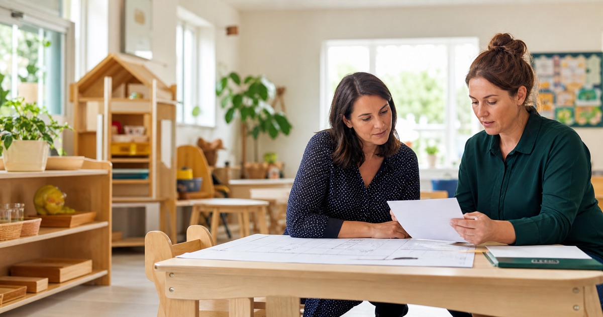 Irish childcare-service founder and early-years professional reviewing registration and room plans