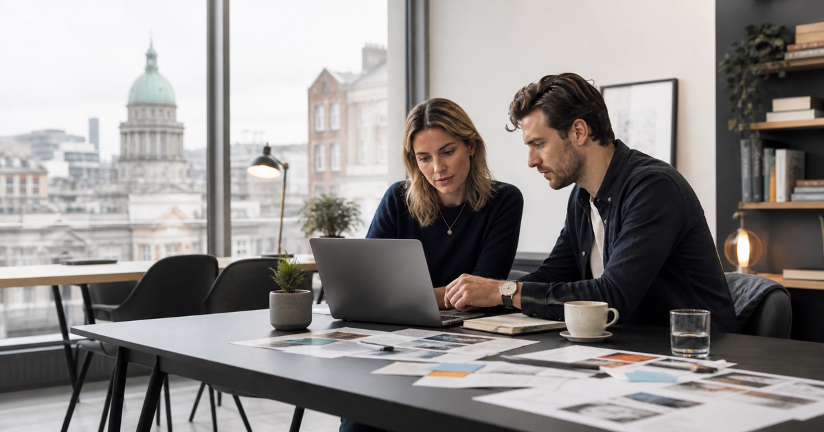 Founders of an Irish digital marketing agency reviewing a campaign plan in a Dublin studio