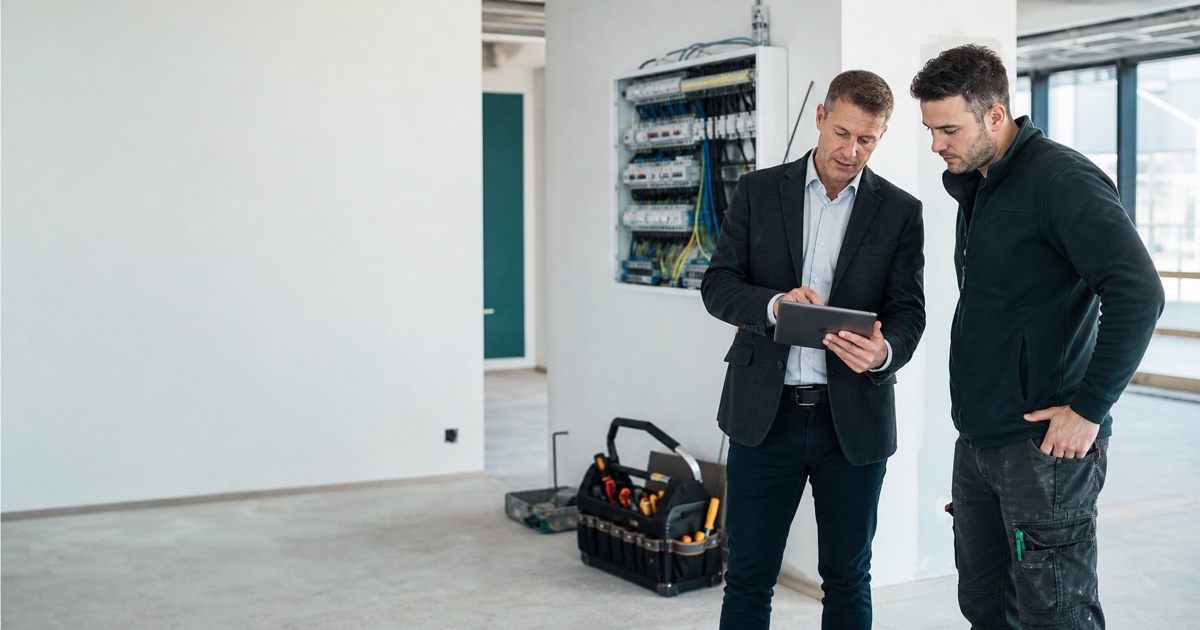 Electrical contractor and business adviser reviewing plans beside a modern distribution board in Ireland