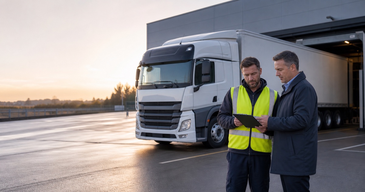 Irish haulage company founder and adviser reviewing transport plans beside an unbranded articulated truck