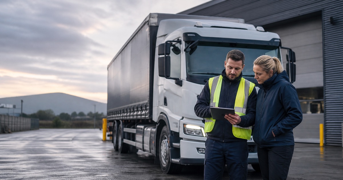 Irish import-export business owners reviewing logistics records beside a commercial goods vehicle