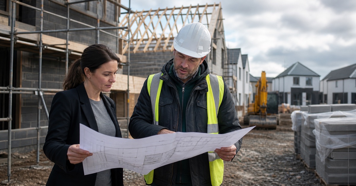 Irish property development team reviewing site plans, finance and company structure