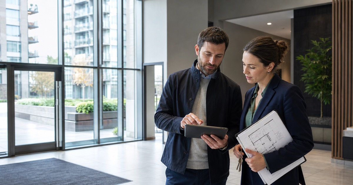 Irish property-management founder and adviser reviewing maintenance plans in an apartment building