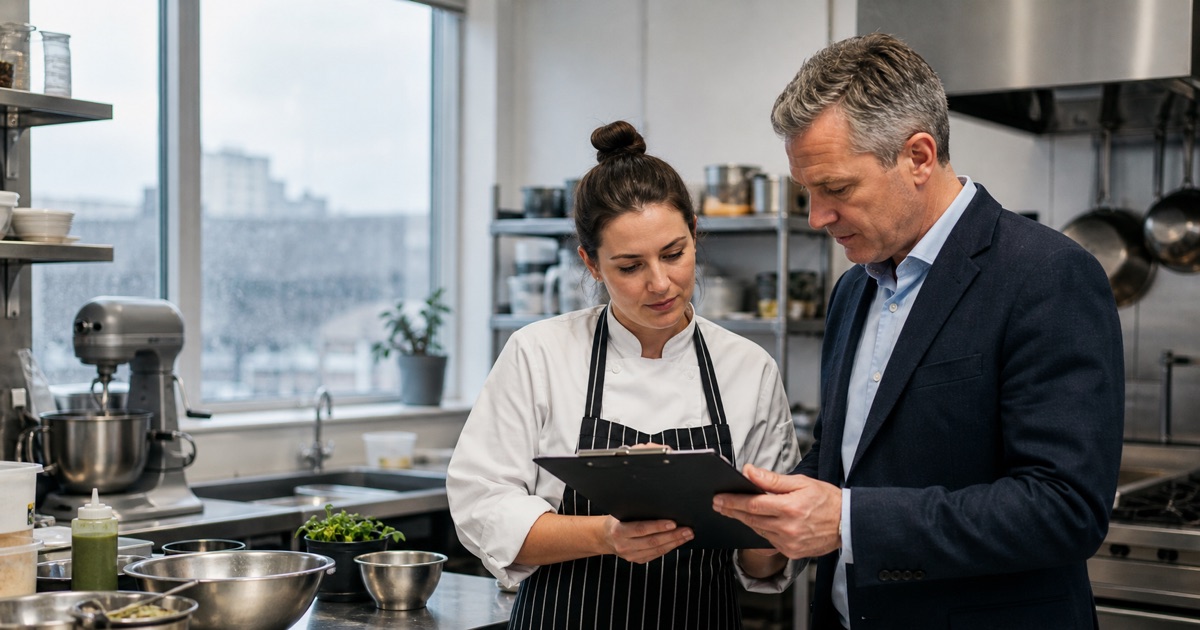 Irish restaurant founder reviewing a launch and compliance plan in a commercial kitchen