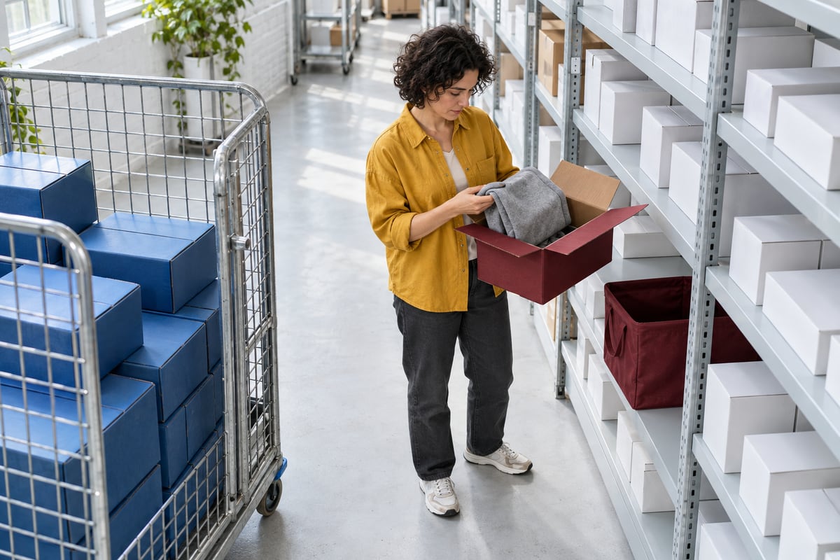 Online retailer examining a returned grey garment in a burgundy parcel beside blue dispatch parcels and warehouse shelves