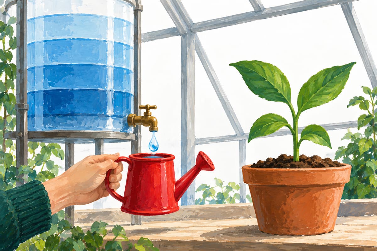 Gouache illustration of a hand collecting stored water in a red watering can beside a young green plant in a fictional greenhouse
