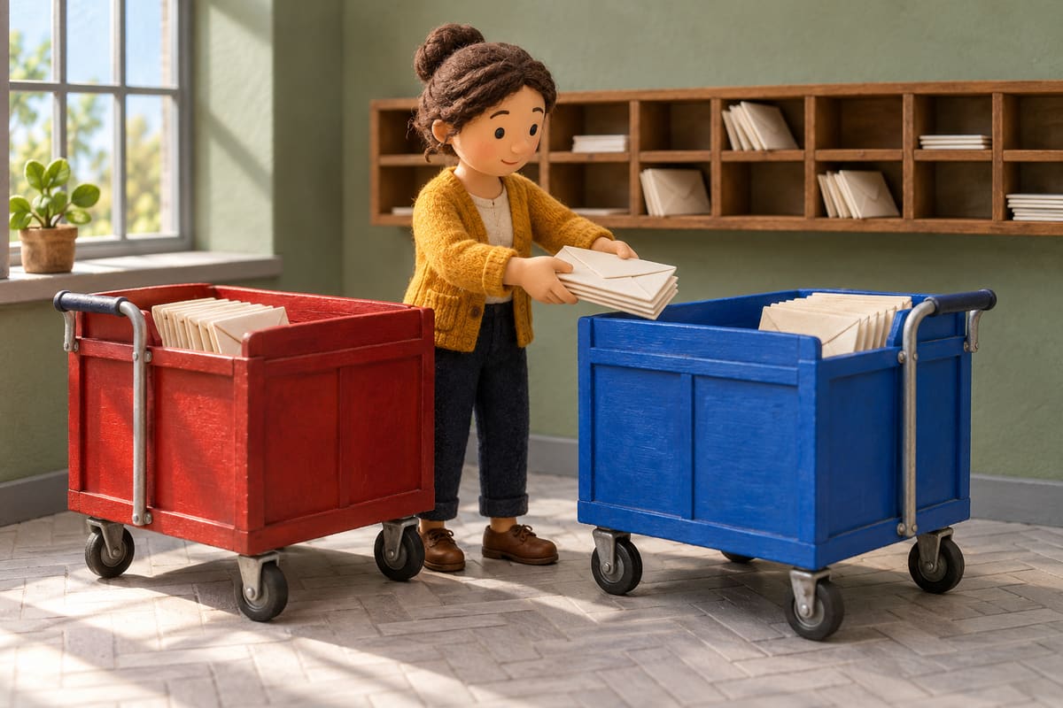 Handmade-style miniature mailroom worker transferring sealed envelopes between red and blue wheeled postal carts