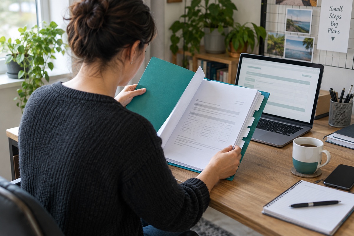 Fictional founder reviewing a teal document folder beside a laptop displaying a generic unreadable layout