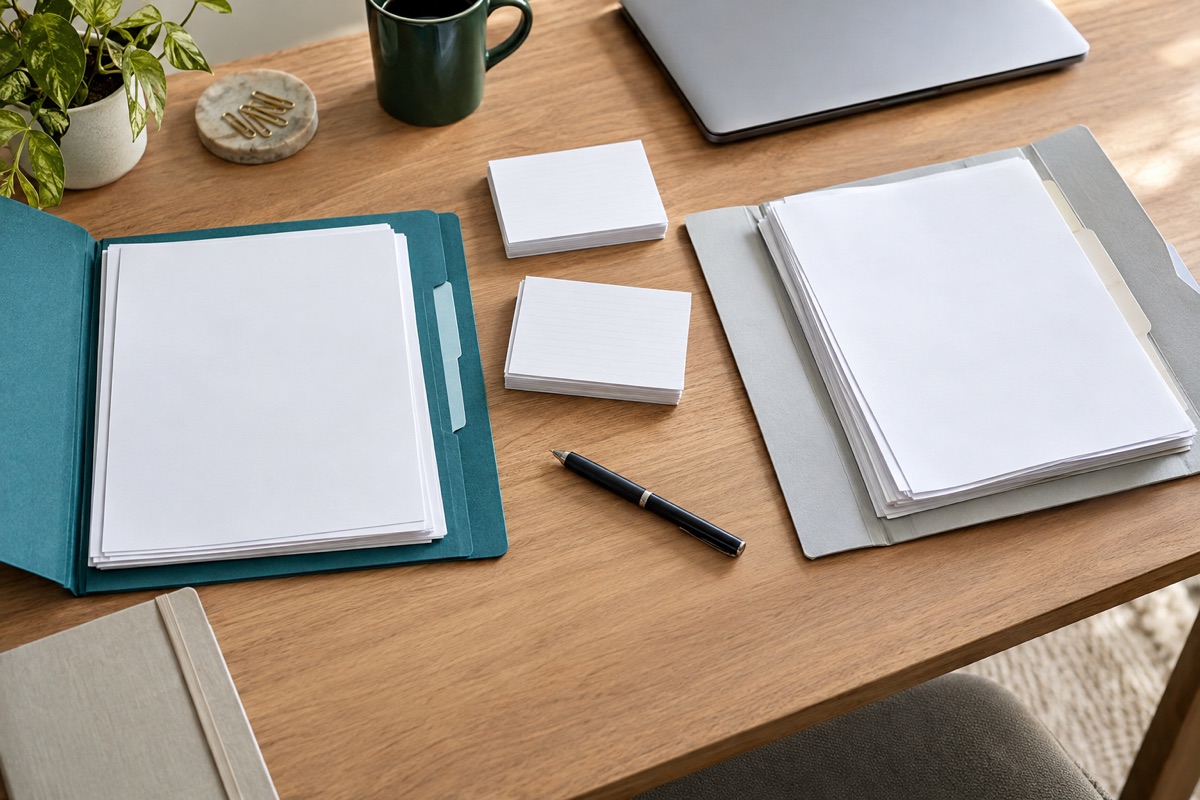 Teal and grey folders with blank record cards and papers arranged for a fictional ownership-record review