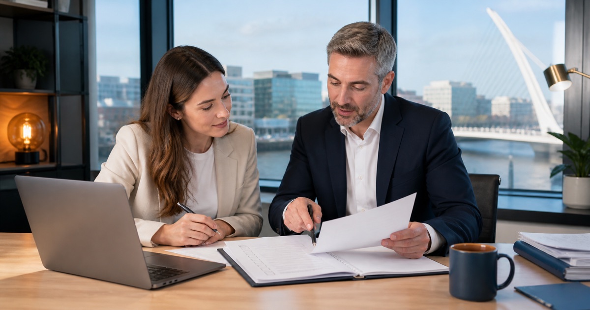 New Irish company founder reviewing VAT registration documents with an adviser