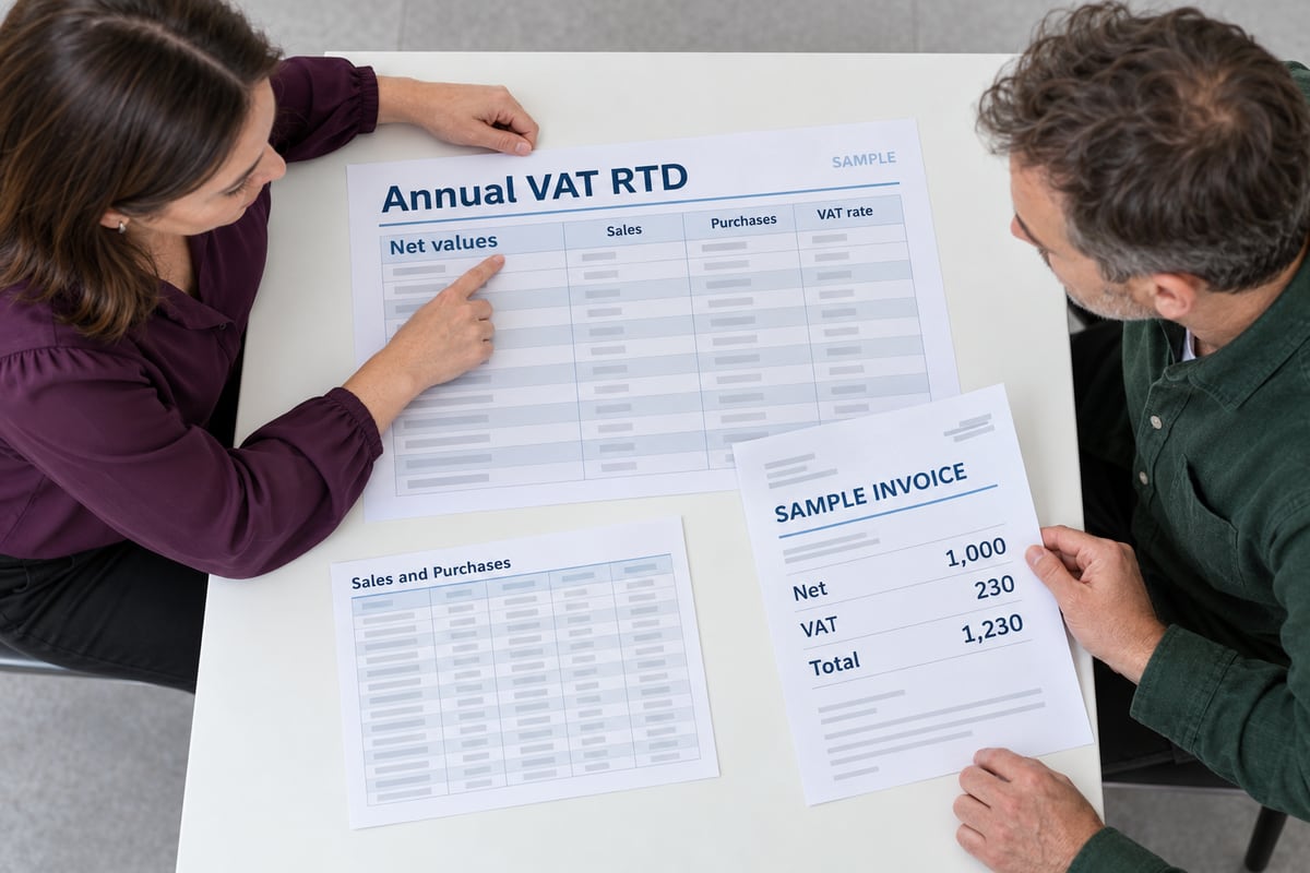 Overhead view of an accountant and company owner comparing a sample invoice's net amount with an annual VAT RTD preparation worksheet