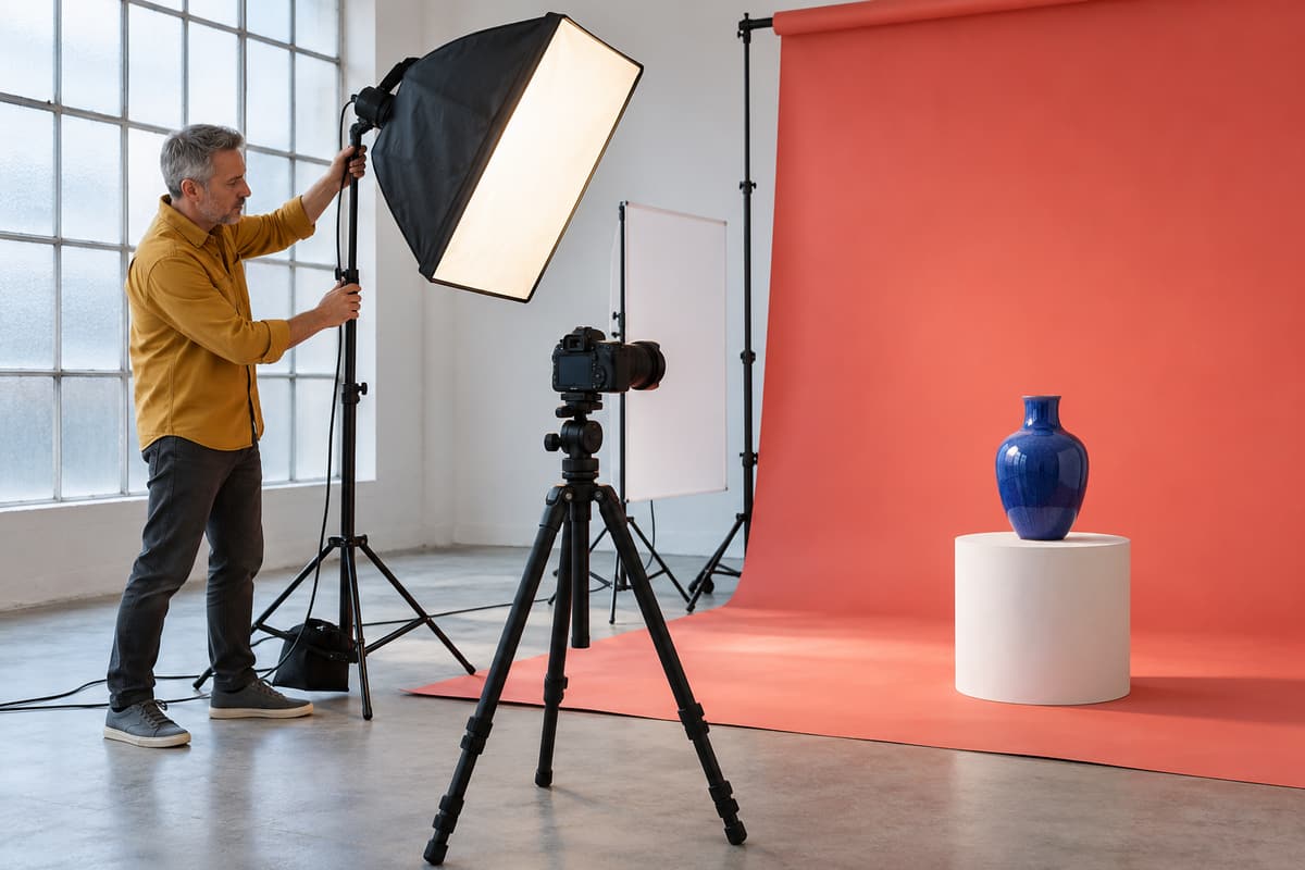 Fictional advertising photographer adjusting a large softbox beside a tripod camera aimed at a blue vase against a coral studio backdrop