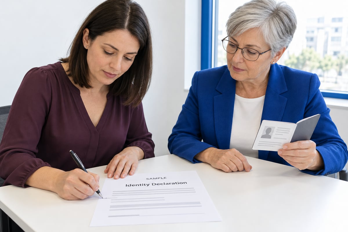 A founder signs a sample identity declaration while a witness beside her checks a sample identity booklet during an in-person appointment