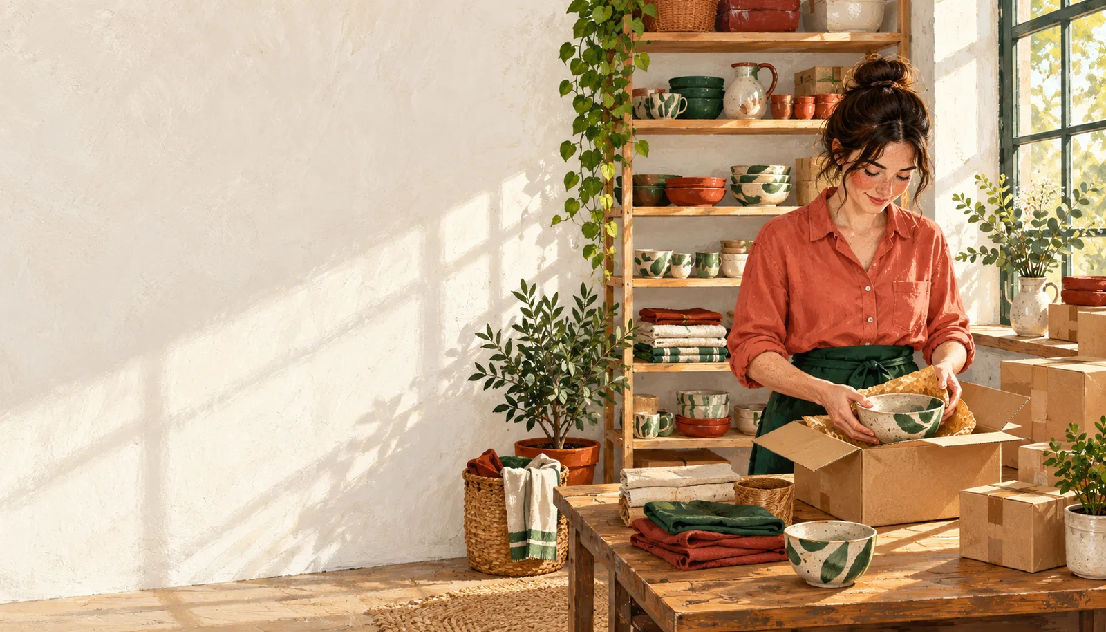 Editorial illustration of a fictional online-shop founder packing ceramics for dispatch