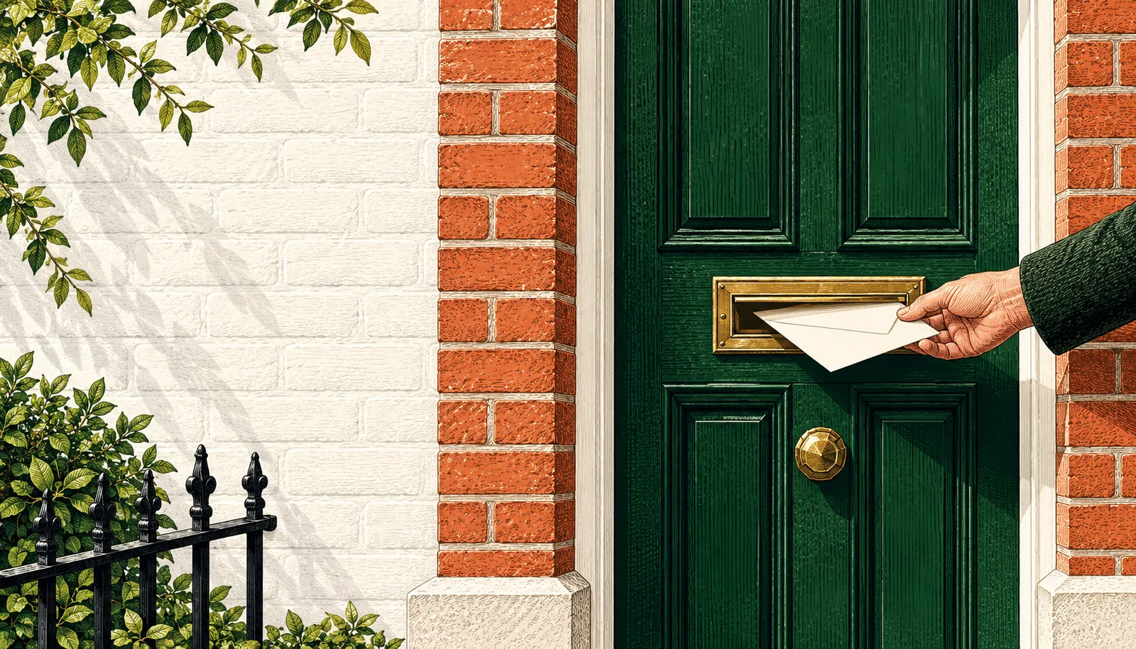 Hand-coloured illustration of a plain envelope being delivered through a brass slot in a green door