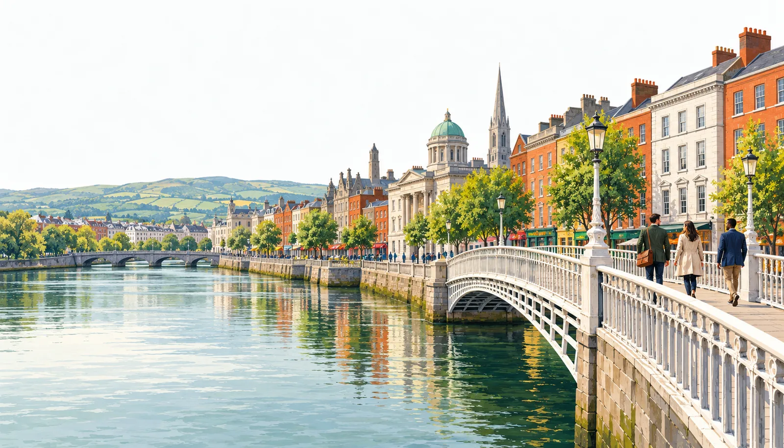 Editorial illustration of fictional entrepreneurs crossing a bridge towards an Irish-inspired riverside city