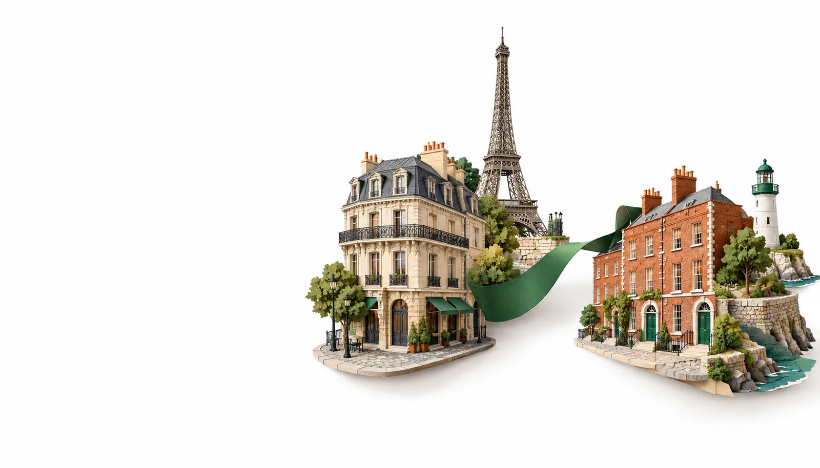 Architectural paper miniatures of a Parisian building and an Irish terrace connected by a green ribbon