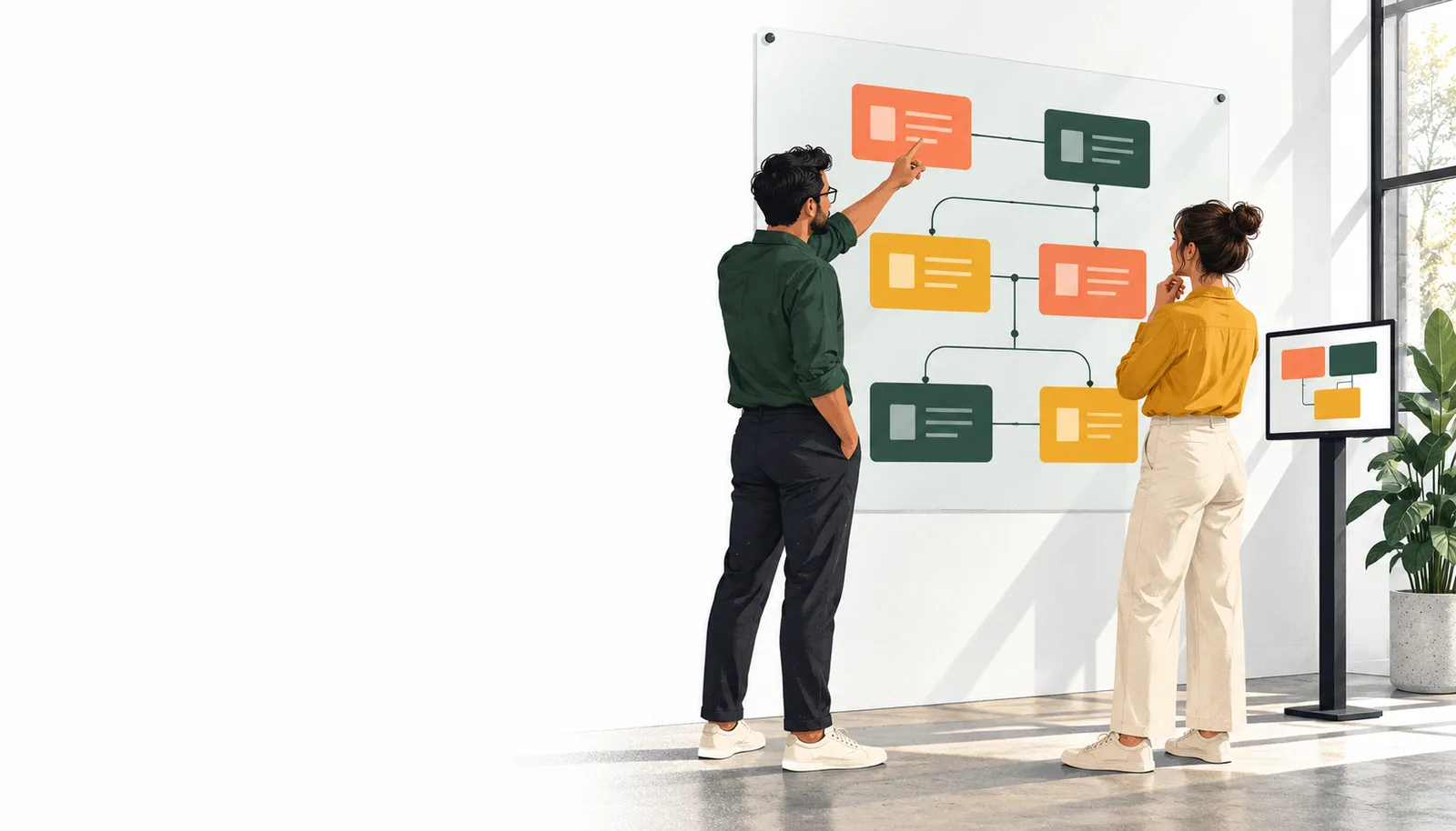 Illustration of two software founders planning connected application modules on a wall-mounted glass board
