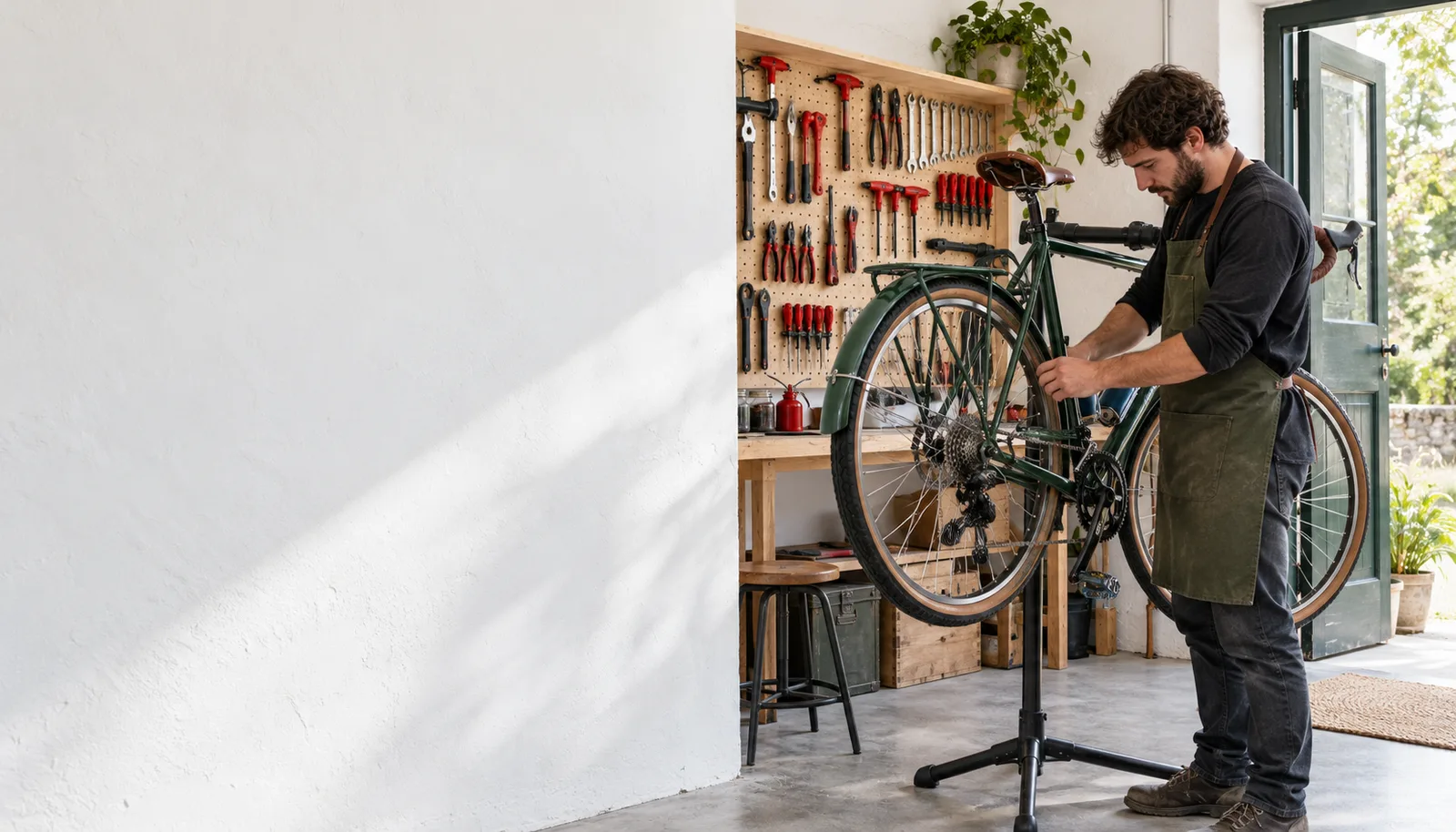 Independent bicycle mechanic working on a green touring bicycle in a bright workshop with wall-mounted tools